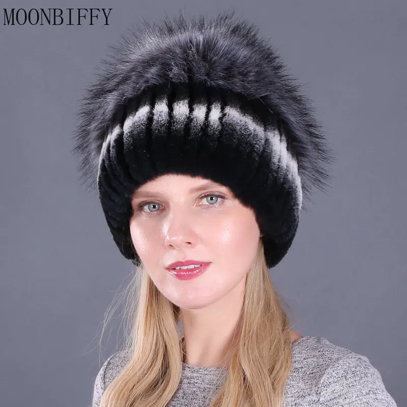 

New Fashion Rex Rabbit Fur Hat Winter Warm Women Knitted Caps Imitation Fox Fur Hat Has Thickened Ear Protection Russian Beanies