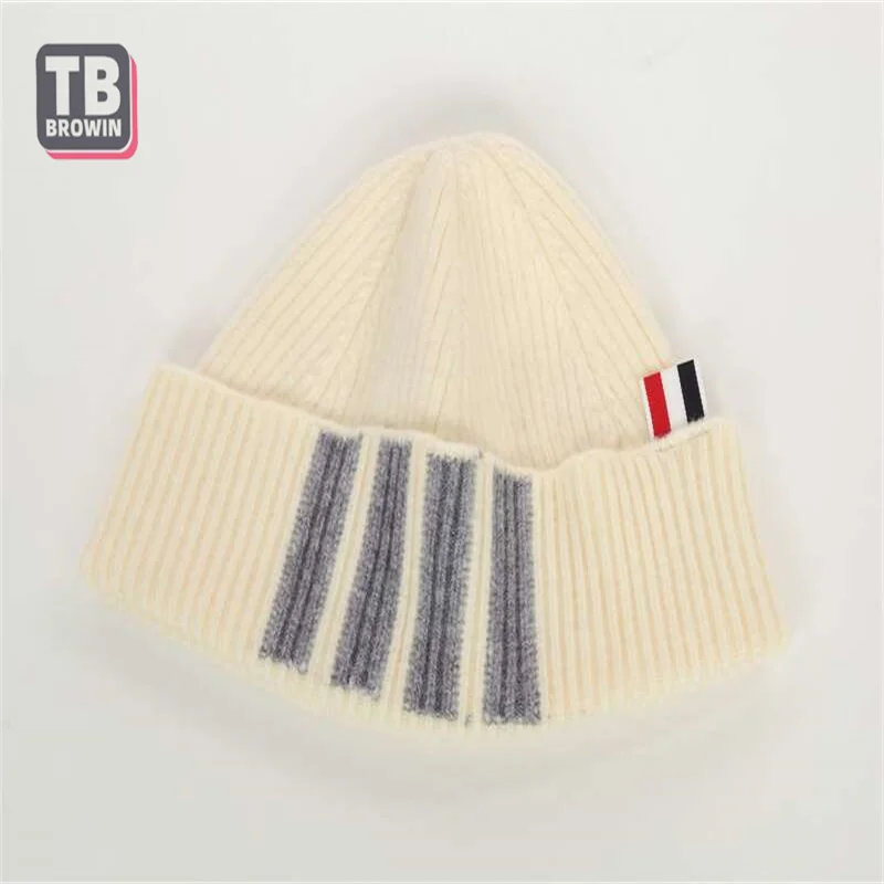

TB BROWIN Men's Brand Knitted Hat Four bars Stripe Winter Casual Hip Hop Luxury Women beanie Wool Cashmere Elastic Hats Unisex