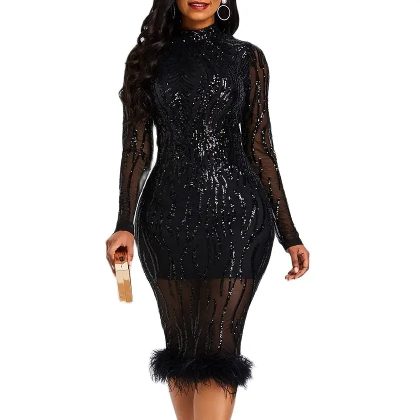 Luxury Black Sequined Feather Party Evening Dress 2023 New in Ladies Long Sleeve Midi Pencil Dress Female Elegant Prom Dresses