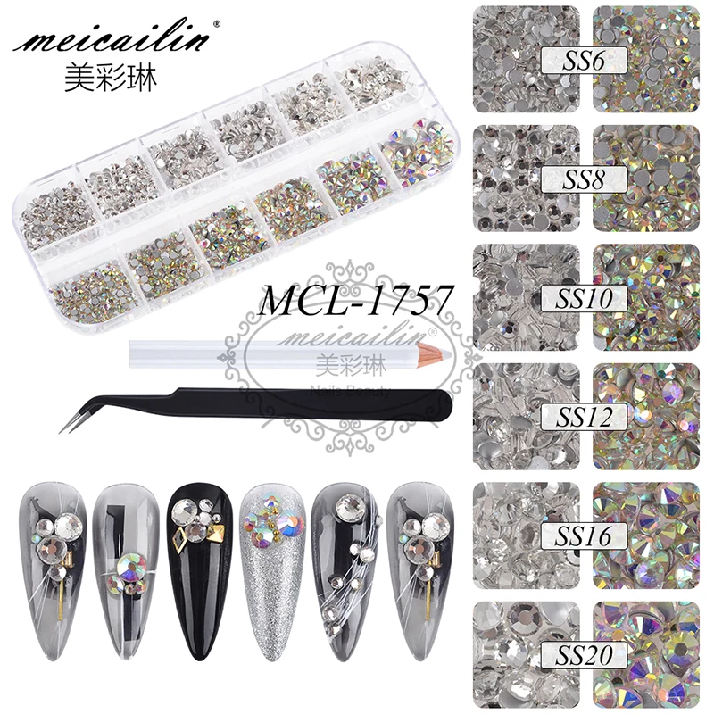 

1440 Pcs/Box Mixed Size AB Glass Crystal Nail Art Rhinestone Set 3D Glitter Flatback Jewelry Charms DIY Manicure Decoration Tool