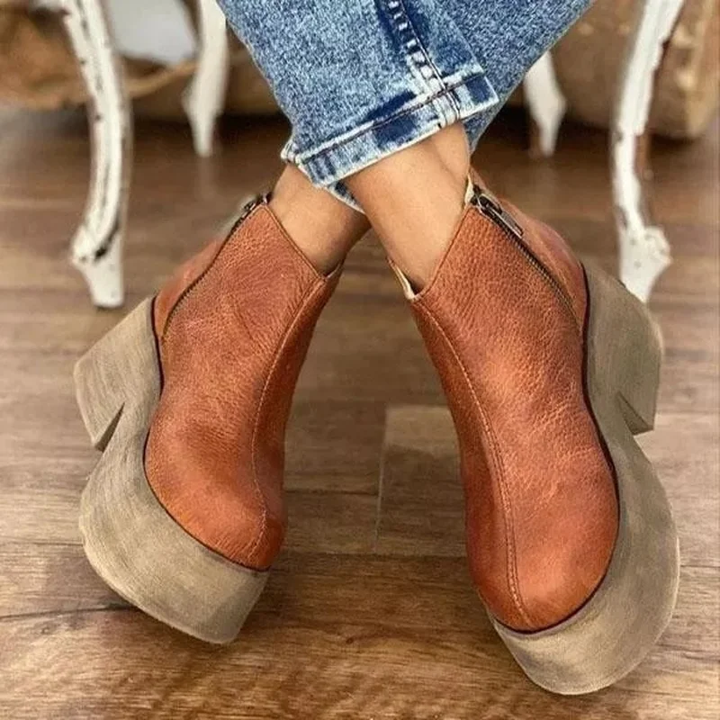

New Vintage Martin Boots PU Ankle BootsHigh Heel Women Shoes 2022 New Side Zipper Plus Size Platform Shoes Botas De Mujer