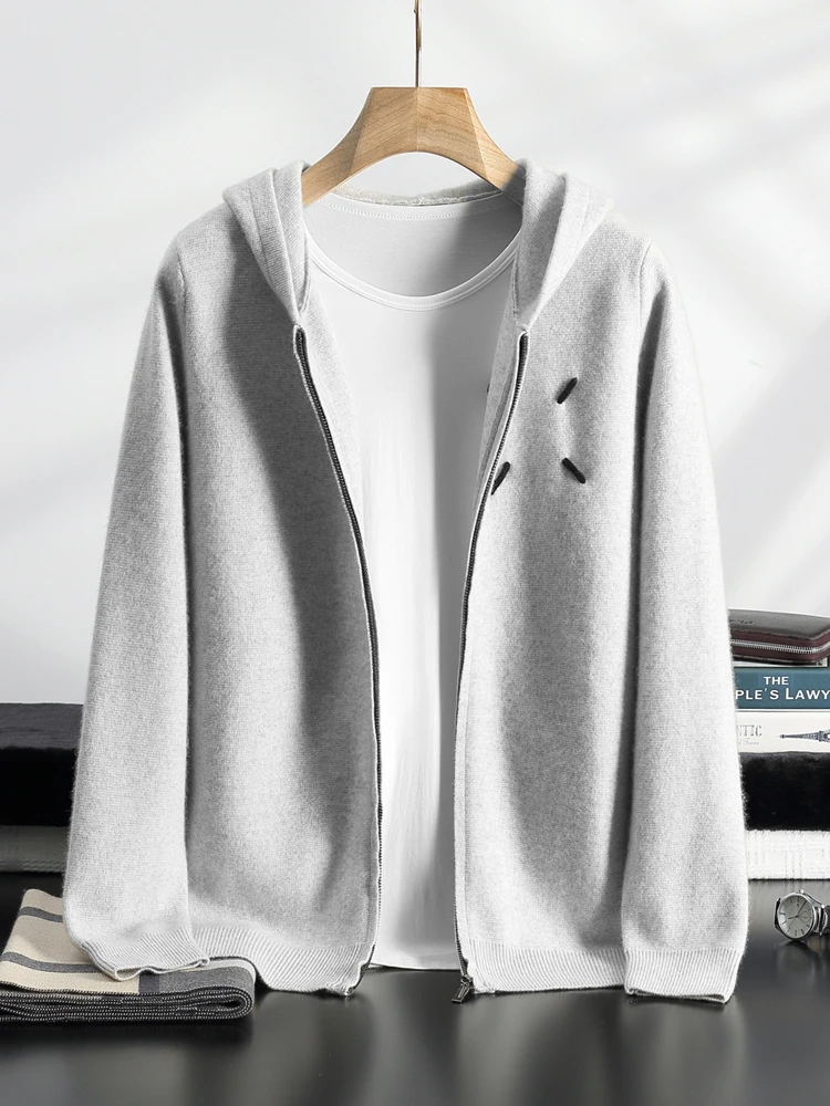 Высококачественный мужской плотный кардиган с капюшоном 100% кашемировый свитер