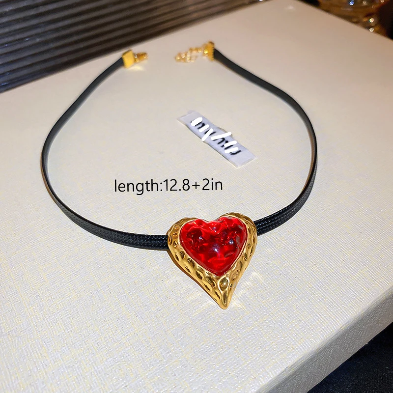 Big Retro Wrinkled Resin Heart Earrings Necklace Medieval Vintage Red Love Heart Pendant Earrings Necklaces for Women Jewelry