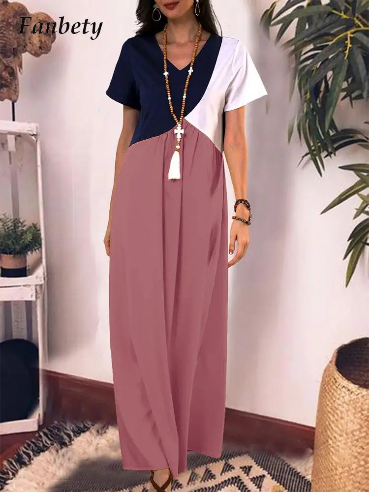 

Bohemia Ladies Contrast Loose Pullover Dress Casual Short Sleeve Straight Maxi Dress Summer Women V Neck Splicing Long Dresses