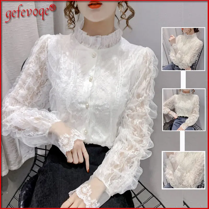 

Sexy Lace Mesh Patchwork Long Sleeve White Women's Blouse Casual Half High Collar Elegant Chic Shirt 2022 Spring Fashion Clothes
