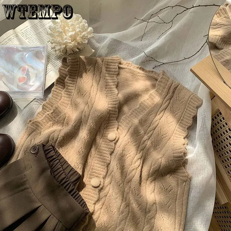

V-neck Sweater Vest Women's Autumn and Winter Cardigan Ruffle Solid Color Loose Outer Jacket Knitwear Drop Shopping