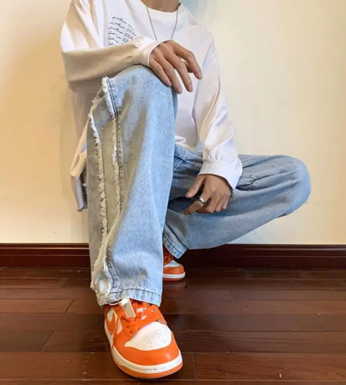 Men Jeans European American High Street Raw Edge Loose Jeans Men's Hip Hop Straight Wide Leg Casual Trousers