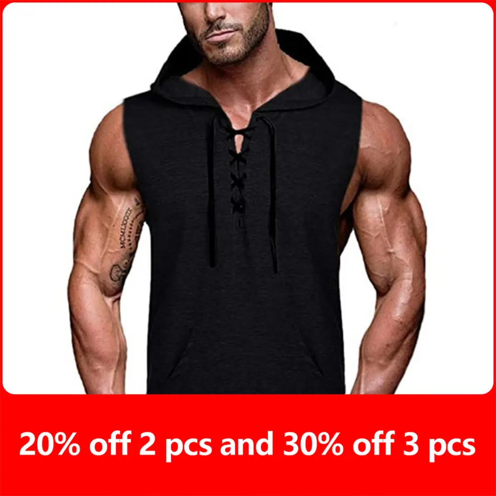

summe new Solid Color Casual Men Muscle Hoodie Tank Top Letter Loose cotton Bodybuilding Sleeveless Vest Hooded Men T-shirt Vest