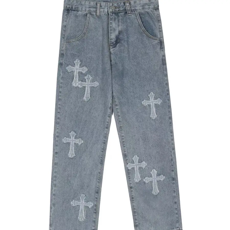 2022 Y2K Men jeans European and American high street cross embroidery hip-hop tide brand straight loose wide-leg pants trousers