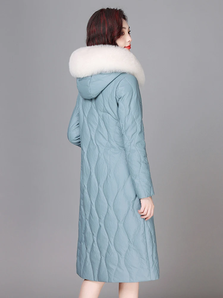 New Women Sheep Leather Down Coat Winter Casual Warm Real Fox Fur Collar Long Leather Down Coats Loose Thick Hooded Outerwear