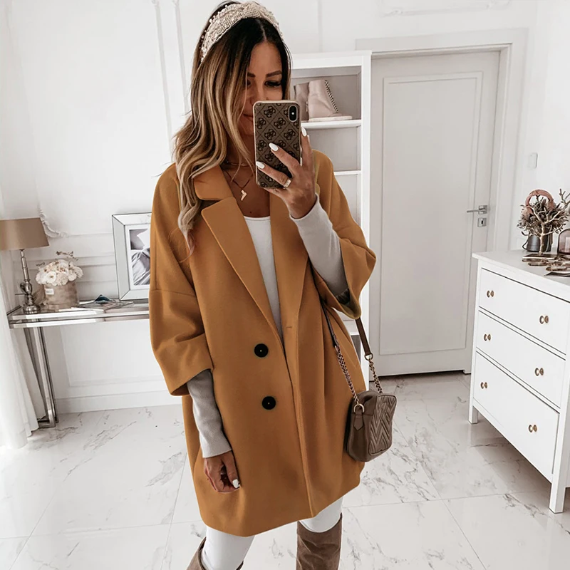 

Женское повседневное однобортное пальто, Свободное длинное пальто из смешанной шерсти с рукавом три четверти, Осень-зима 2021