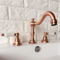 antique red copper brass deck mounted dual handles widespread bathroom 3 holes basin faucet mixer water taps mrg040