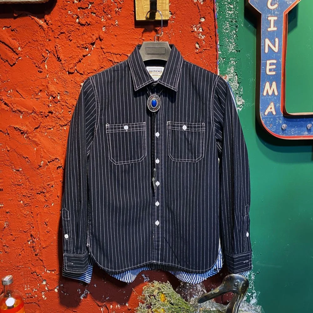 

T-1 Tailor Brando Asian Size Super High Quality American Retro Classic Vertical Stripe Long Sleeve Men's Workwear Shirt
