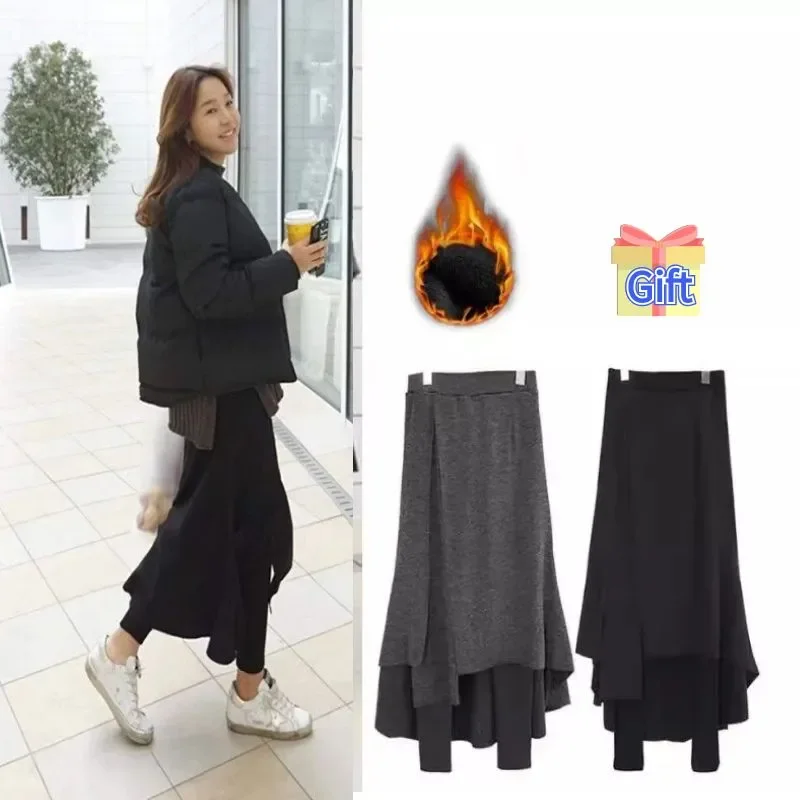 

Флисовые леггинсы, женские юбки, брюки, юбка-брюки, Осень-зима 2022, женская одежда, полная, термоюбка, корейский стиль, повседневная одежда