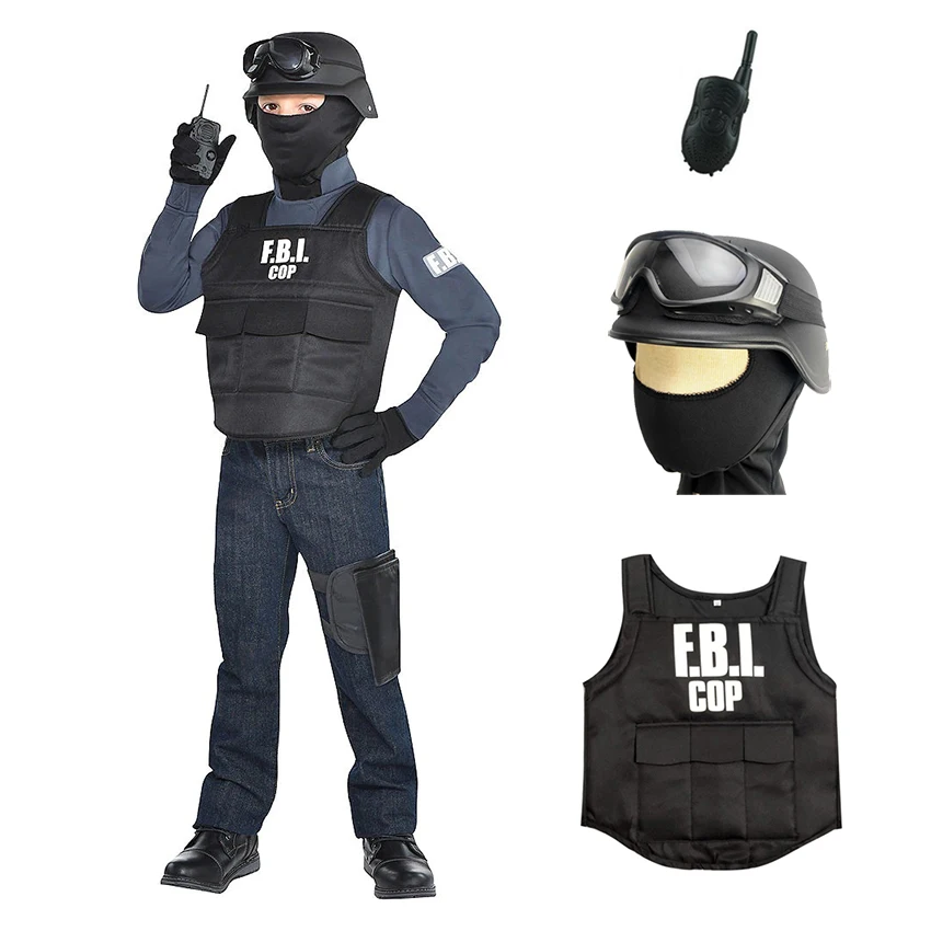 FBI Special Agent Uniform Bulletproof Vest Outfits Police Cosplay Fancy Halloween Costume for Kids Carnival Headgear Helmet Prop