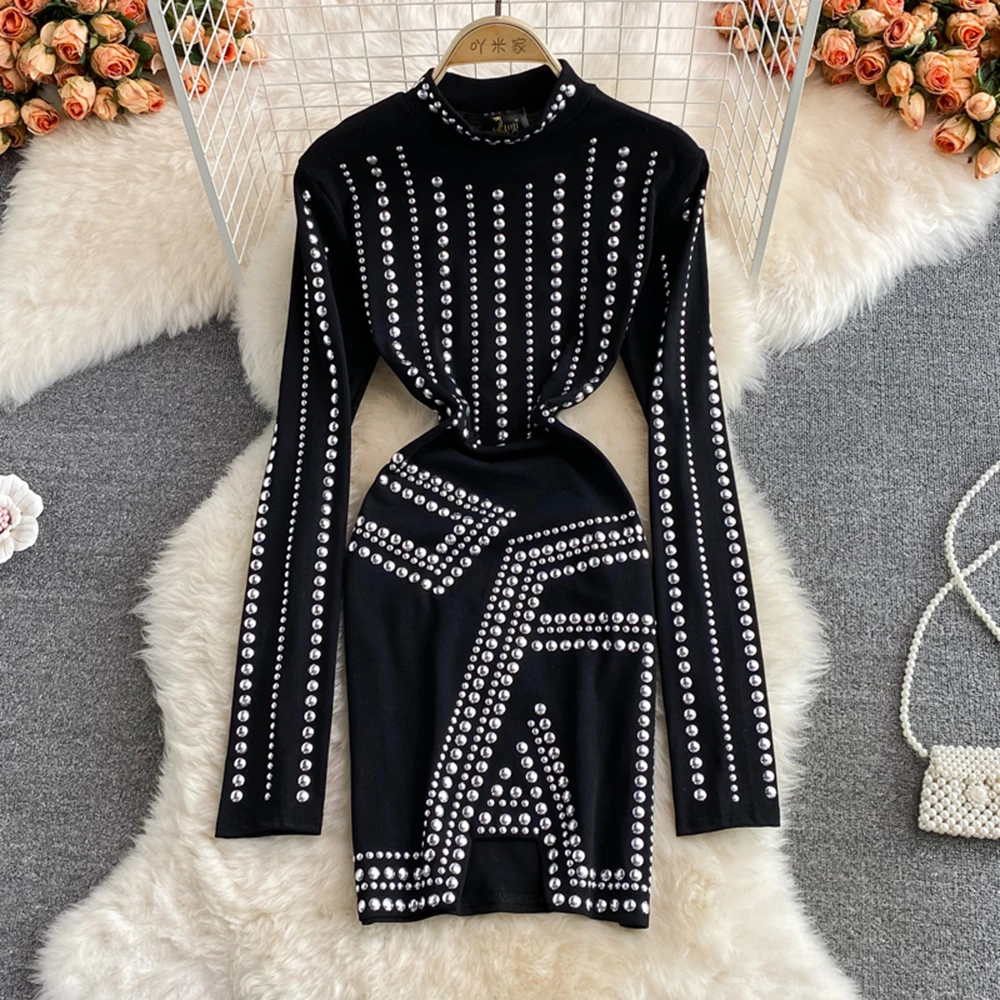 

Black Korean Style Mini Package Hip Bodycon Bright Dress Sexy Shiny Rivet Long Sleeve Women Party Club Bottoming Dresses New