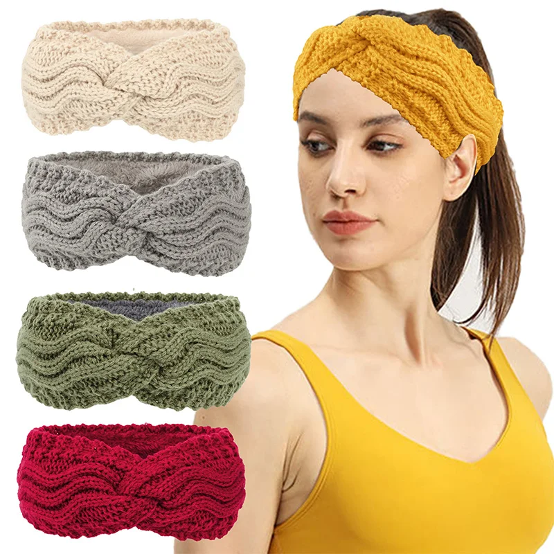 

Autumn Winter Thicken Knitting Woolen Wide Headband For Women Plush Lined Headwrap Turban Hairbands Keep Warm Female Ear Warmers