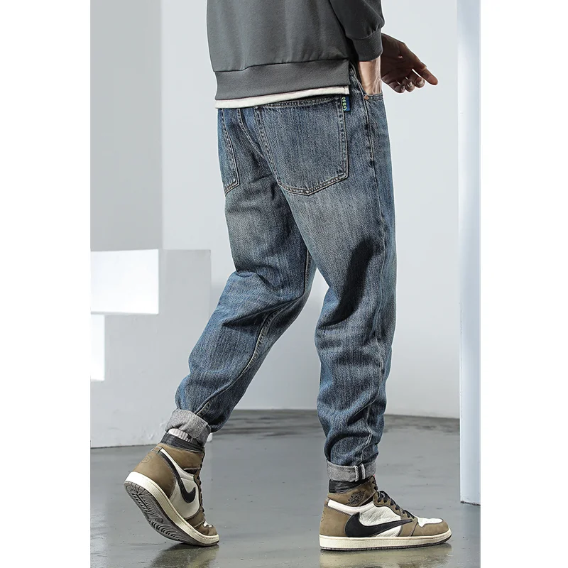 Streetwear Men Autumn and Winter Baggy Straight Cylinder Jeans Vintage Chaopai Harun Trousers Fashion Comfortable Blue Trousers