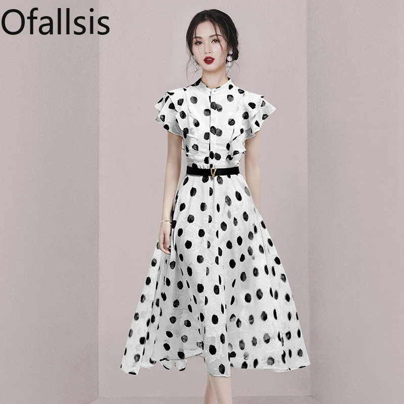 allsis French Style Stand Neck Vintage Sage Elegance Wysokiej jakości biała sukienka w kropki 2024 Summer New Polka Dot Long Dresses