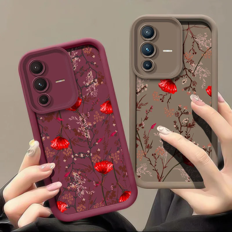 Blooming Red Flowers Phone Case For Vivo S17 S16E S16 S15 S12 S1 Pro Silicone Camera Lens Protection Shockproof Soft Cover Coque