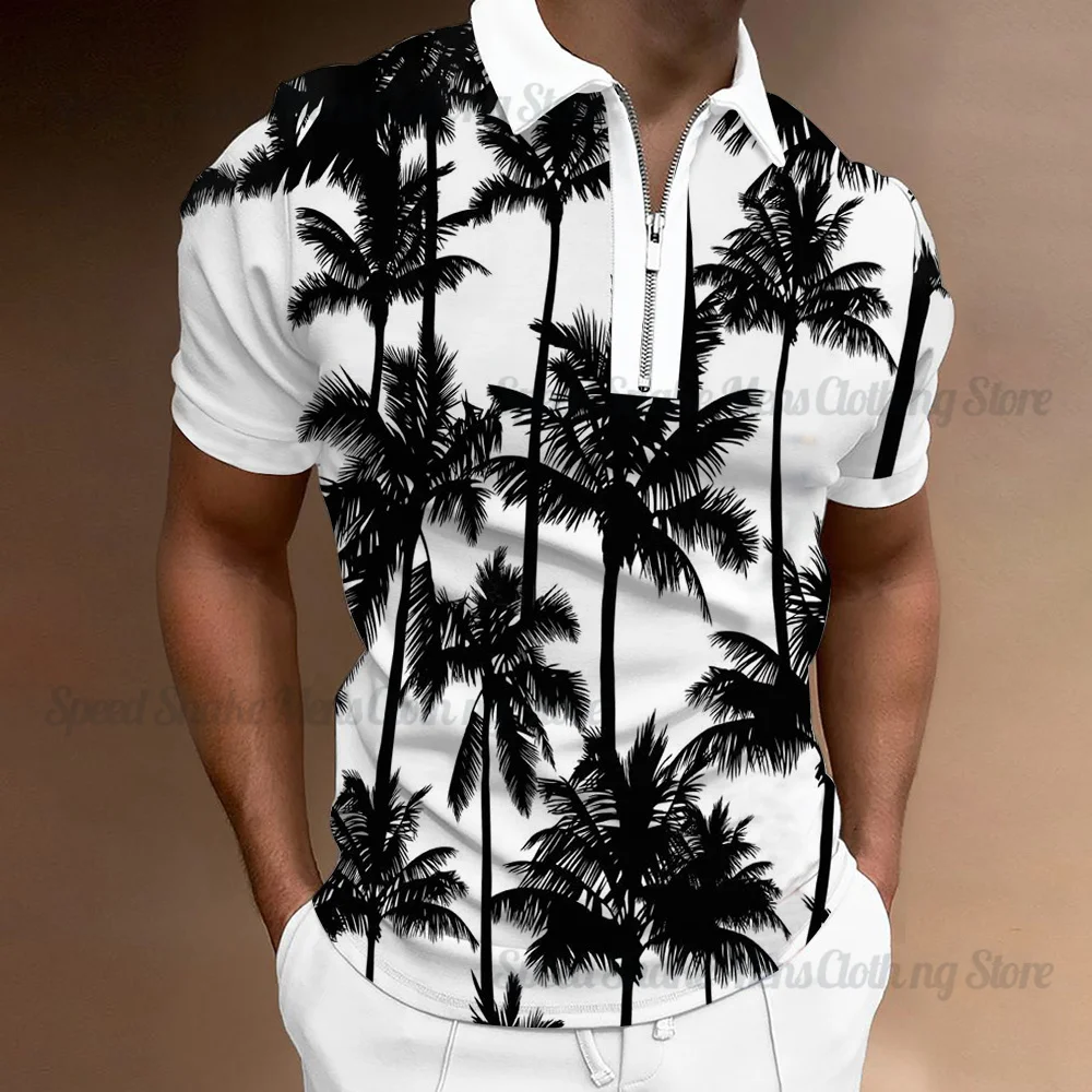 GentlemanMen's Tracksuit 2 Piece Set Summer Maple Leaf Print 3D Sleeve Zipper Polo T Shirt Shorts Sportswear Casual Clothi