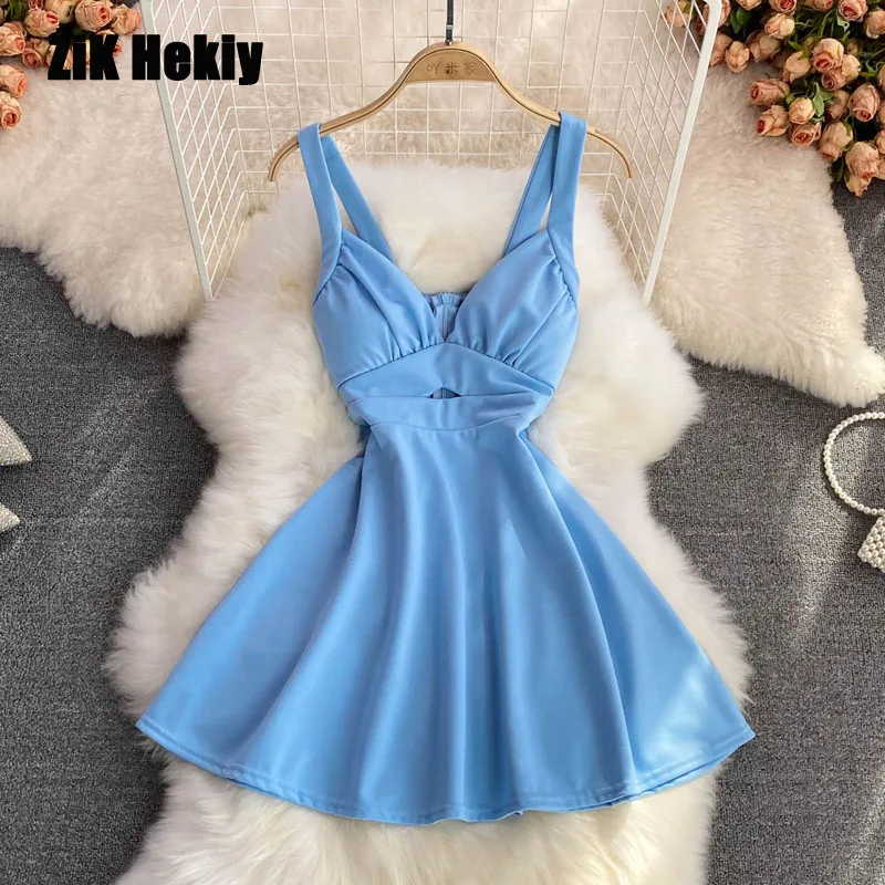 

Zik Hekiy Women Summer Sexy High-Waisted Hollowed-Out Sleeveless Vest Skirt Fashion V-Neck Slim Small A-Line Large Swing Dress