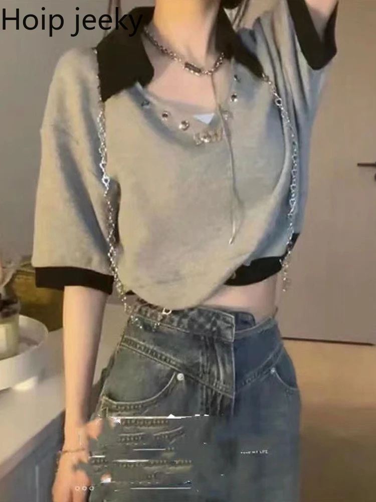 

Hoip Jeeky Korean Polo Neck Bottoming Shirt Women 2022 Summer New Sexy Sport Stretch Short Top Breathable Slimming T-Shirt Trend