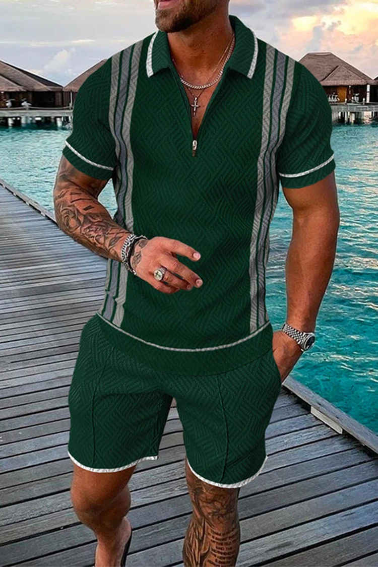Men Summer Polo Shirt Set 2 Pieces Hawaii Tracksuit Casual Business Suit Fashion Trun Down Collar Zipper Clothing Vintage Outfit