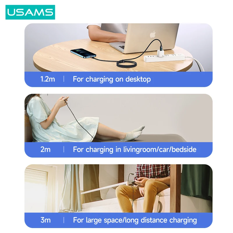 USAMS U78 100W LED Display C To Type C Phone Cable For Huawei Xiaomi Fast Charge Cables PD 20W C To Lightning Cable For iPhone