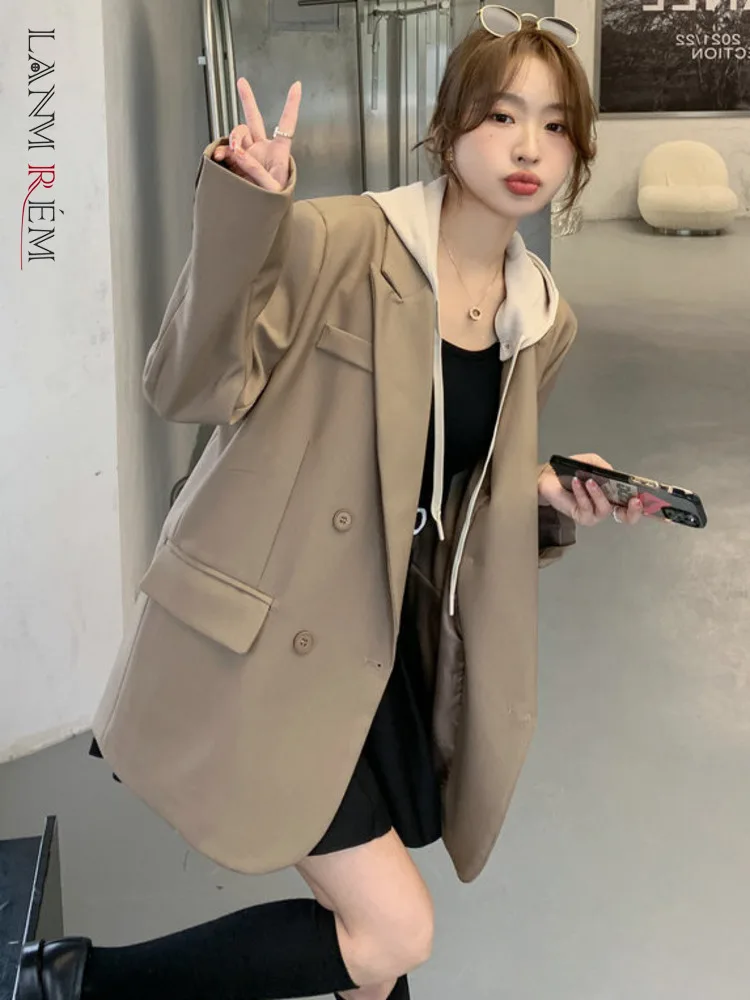 LANMREM женские блейзер с капюшоном Лоскутные зубчатые двубортные цвета хаки