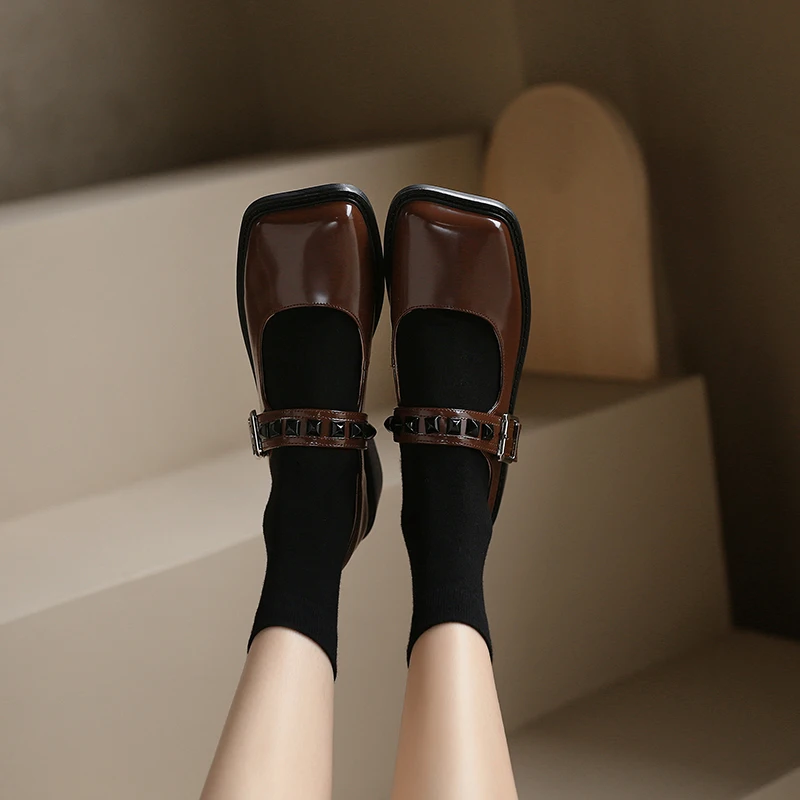 Genuine Leather Girls Flats Black Brown Dress Mary Jane Shoes Preppy Style Vintage Crystal Buckle Soft Square Toes Zapatos Mujer