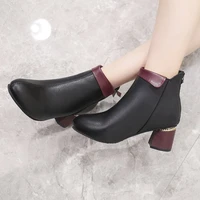 plus size high heels 5cm women black ankle boots femme fashion leather block heel woman boots with zipper new woman dress shoes