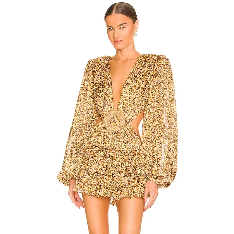 Элегантное элитное женское леопардовое платье-комбинация с глубоким V-образным