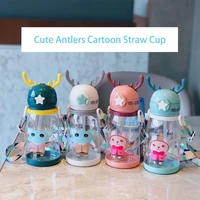 ycalley childrens antlers water cup 600ml cartoon cute gift kettle silicone straw mug portable outdoor camping water bottle