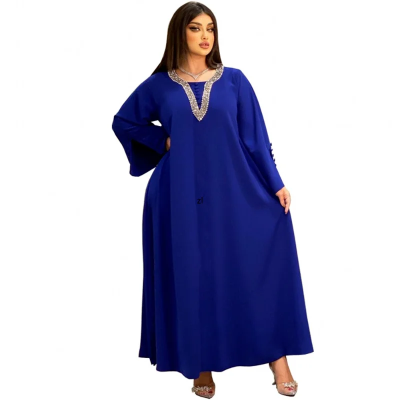 

Beading Abaya Arabic Long Dress for Women Ramadan Muslim Moroccan Kaftan Gulf Jalabiya Elegant Party Eid Loose Abayas Blue