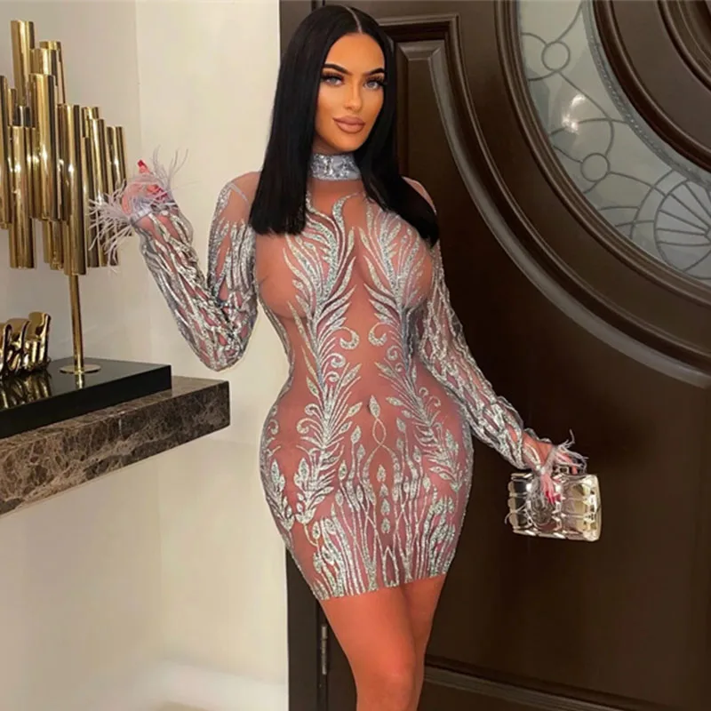 

Znaiml 2023 Elegant Birthday Party Dresses for Women Sexy Mesh See Through Gold Sequin Feathers Bodycon Mini Dress Prom Vestidos