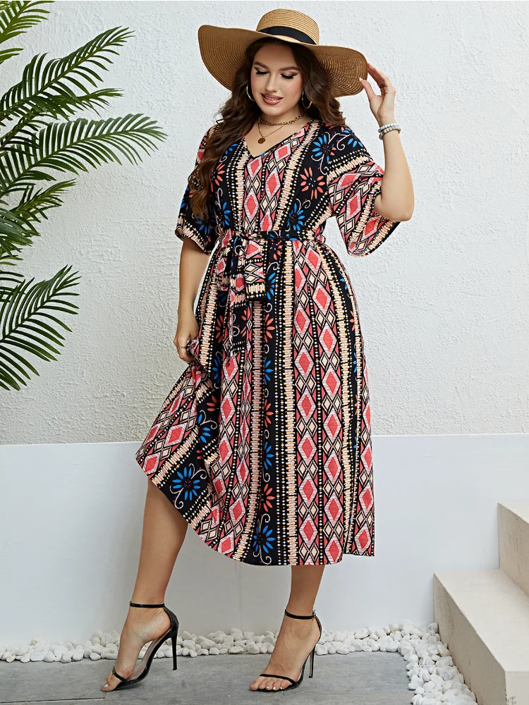 Summer V-neck printed bandage waist dress plus size dresses  vestido feminino vestito plus size outfits