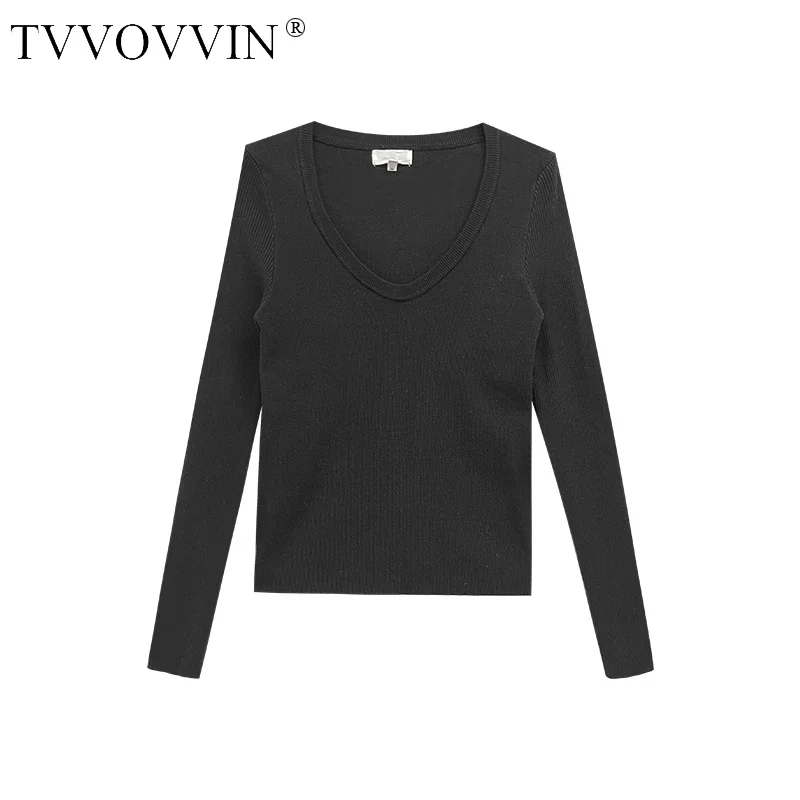 

TVVOVVIN 2023 Spring Autumn Tight-fitting Black Knit Bottoms For Women High-class Low-necked Slim Long-sleeved Tees T Shirt E8GO