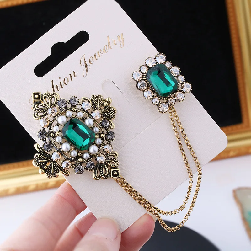 

European and American brooch pins fashion tassel chain rhinestone pearl brooch collar flower shirt pin accessories for women