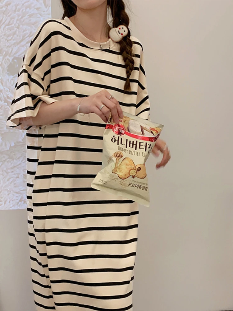 Summer Nightgowns & Sleepshirts Stripe Women's Short Cotton Sleepwear Home Nightshirt Women Causal Loose Ladies Long Women Dress