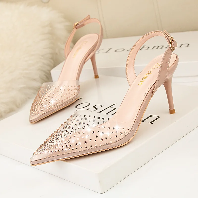 Size 41 Women Sandals 2022 Women Pumps Pointed Shallow High Heels Shoes Transparent Rhinestone Party Weding Sandals Ladyes Sheos