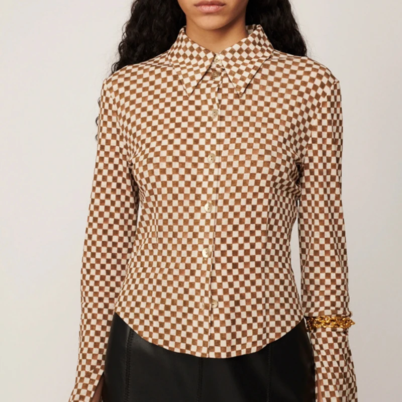

Women's Checkerboard Printed Shirt Turn-down Collar Single Breasted Ladies Commuter Slim Short Sleeved Blouse Tops Women 2022