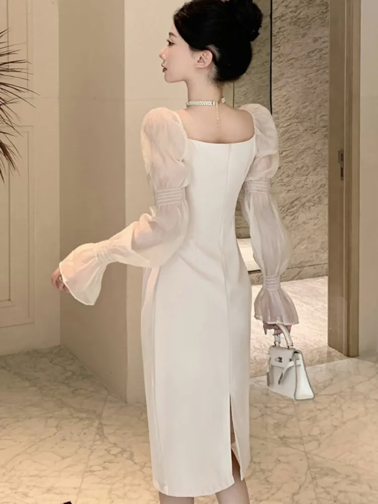 Женское вечернее платье миди с пышными рукавами