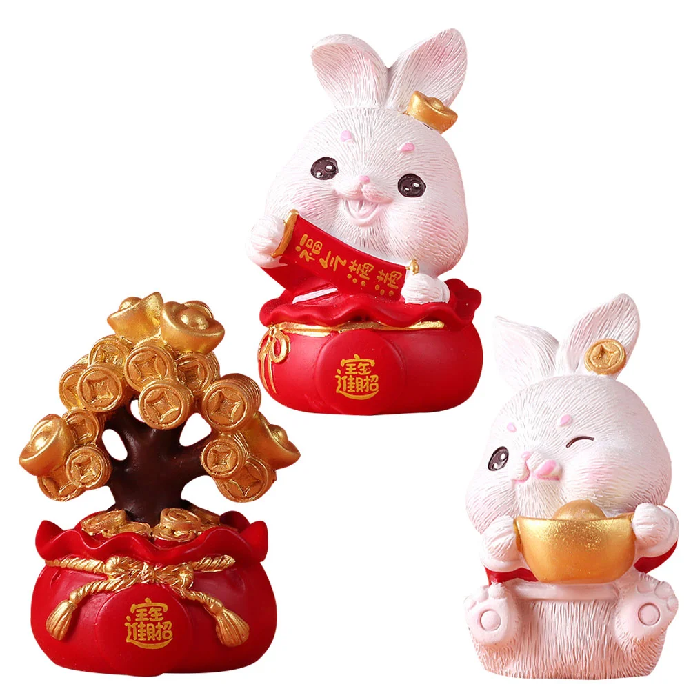 

Rabbit Statue Zodiac Bunny Figurine Year New Figurines Chinese Animal Money Figures Cake Tree Miniatures Landscape Miniature