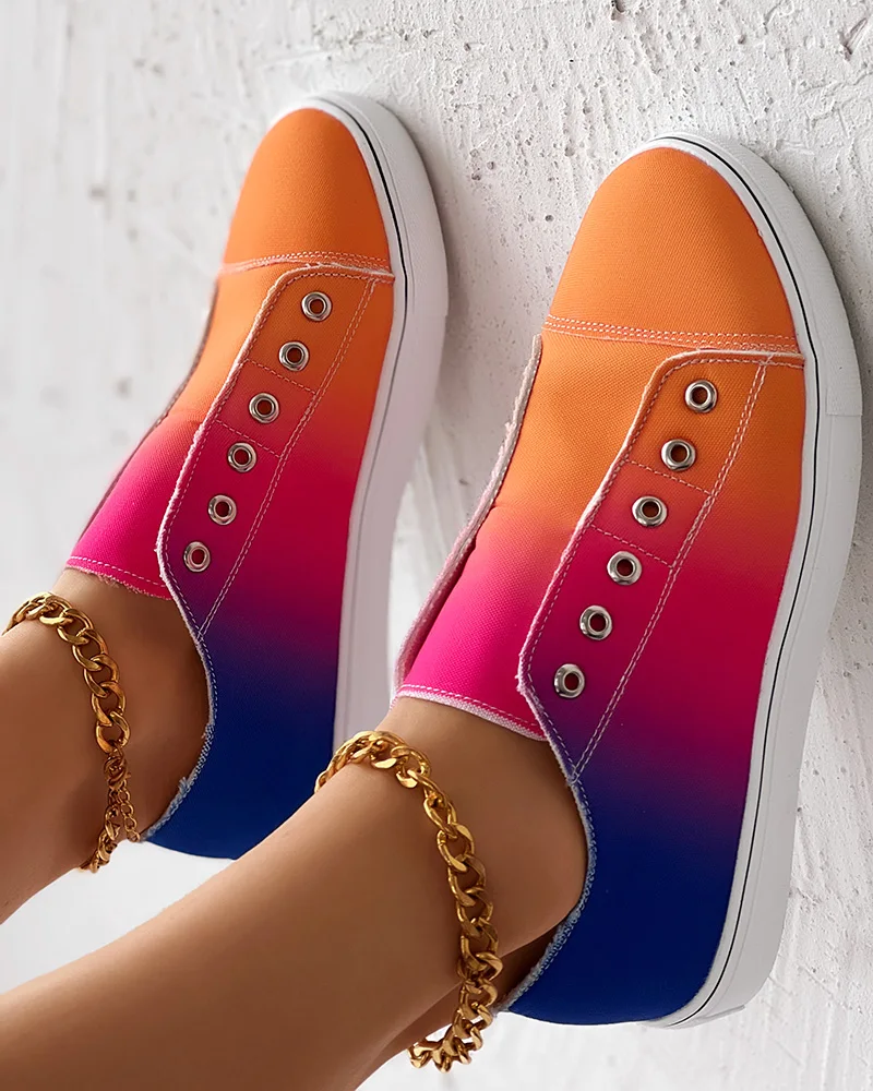 Women Fashion Summer Flat Shoes Casual Round Toe Daily Wear Ombre Eyelet Slip On Canvas Sneakers