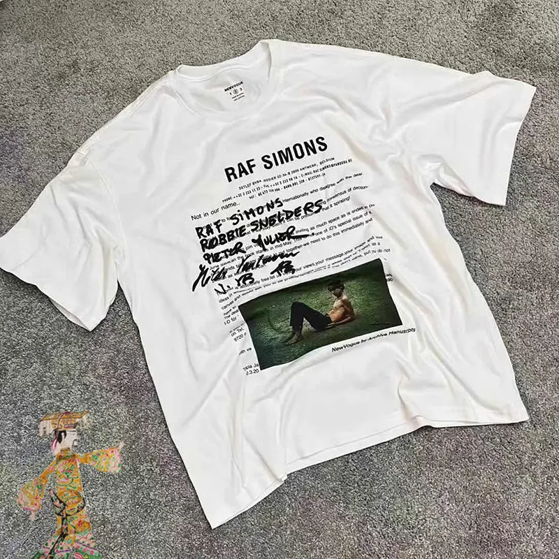 

Raf Simons Character Photo Letter Print Short Sleeve T-shirt Men Women Loose Hip-hop Top Tee