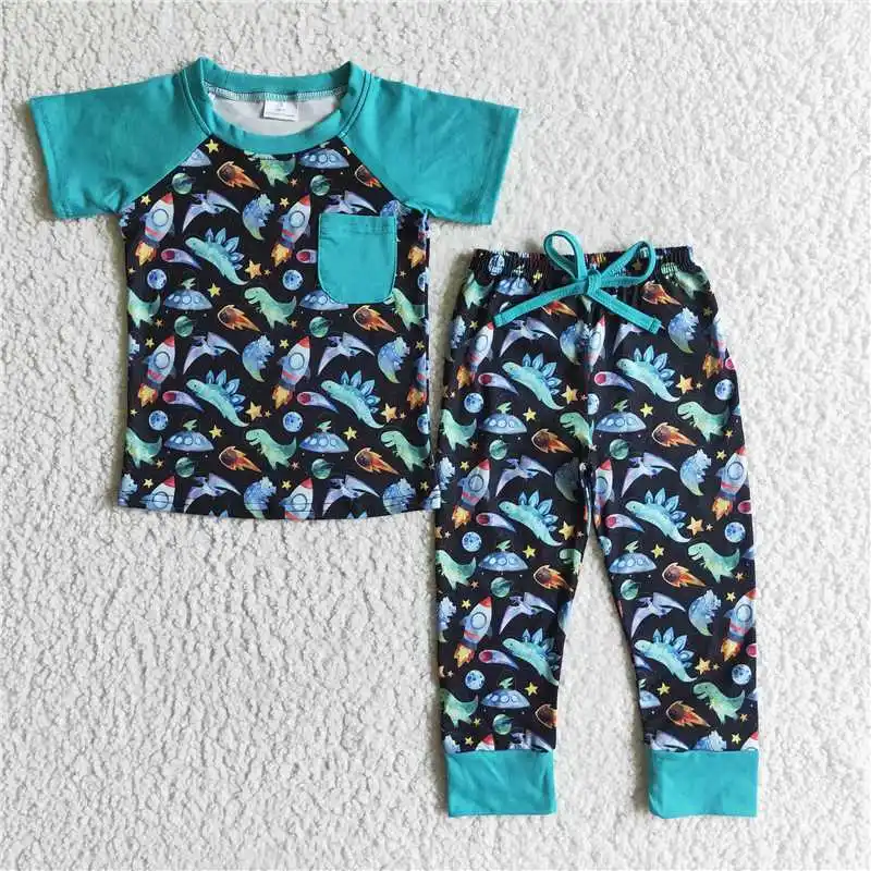 

Baby Boy Dinosaur Space Sleepwear Clothes Kids Green Short Sleeve Pocket Shirt Set Toddler Outfit Fall Children Pants Pajamas