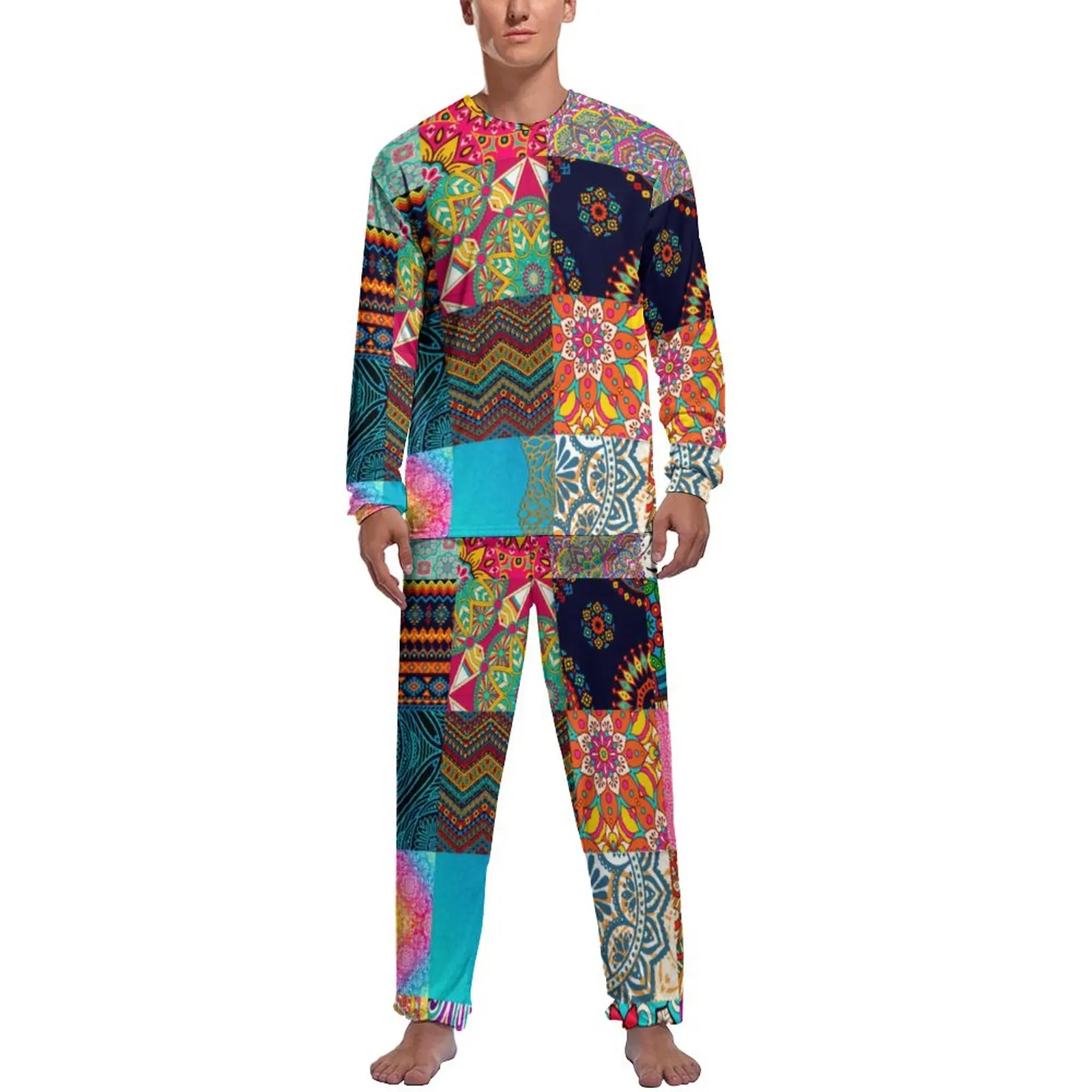 African Print Pajamas Autumn 2 Pieces Patchwork Colorful Soft Pajama Sets Man Long Sleeves Casual Graphic Sleepwear