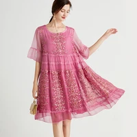 summer women flare sleeve loose mesh embroidery dress elegant party dress cascading ruffle beach dress