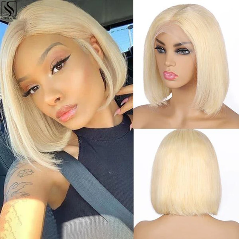 SISTER Blonde Lace Front Wig Human Hair Bob 13x1 T Part 613 Colored Short Square Wigs Women Straight Brazilian Hair Pre Plucked